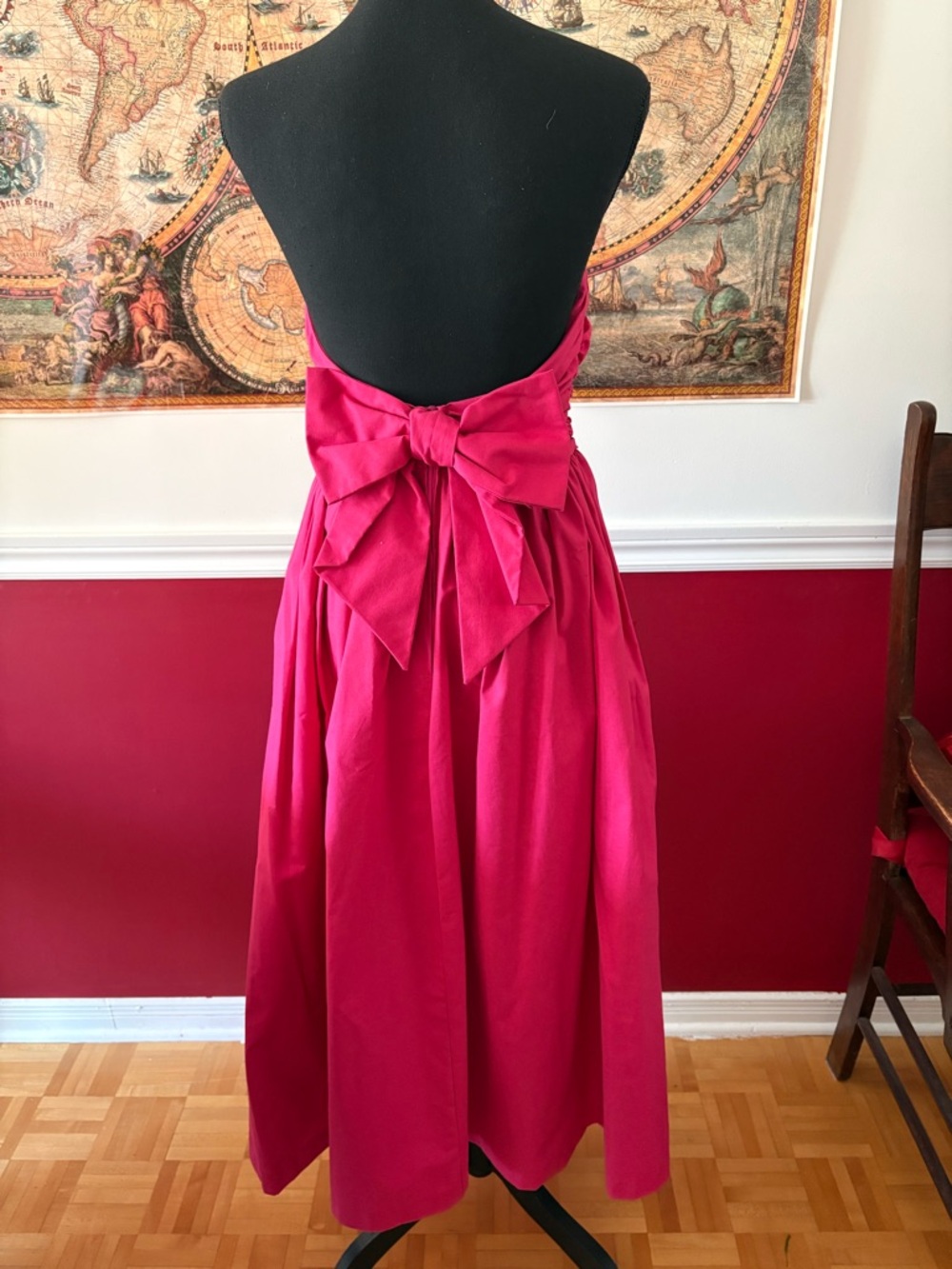 Vintage Laura Ashley Strapless Hot Pink Midi Dress with bow Sweetheart Bodice